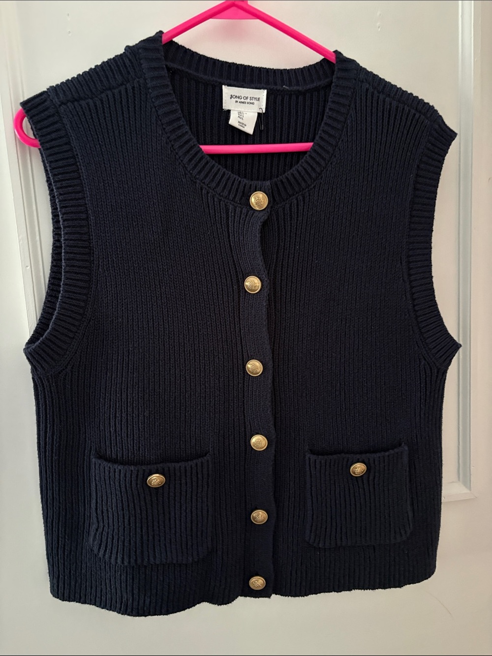 Jones New York Navy Ribbed Knit Button-Front Vest with Gold Buttons